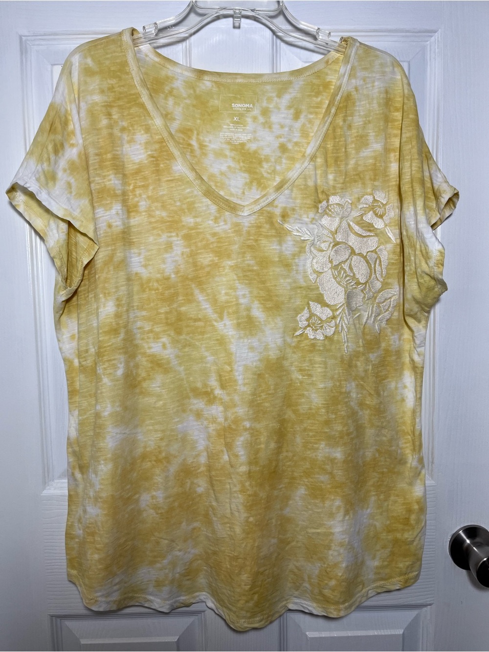 Sonoma Goldenrod Cotton Tie-Dye V-Neck Floral Embroidered Women's Top